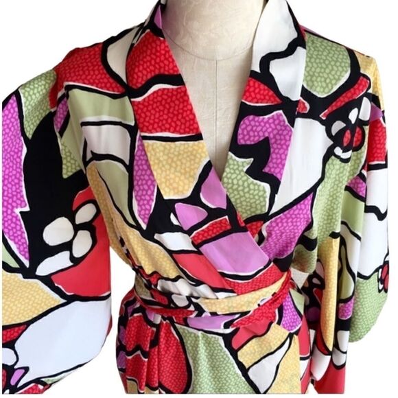 Natori- Vintage 90s Kimono Robe Duster Wrap Dress Pop Art, Size Medium - Picture 3 of 11